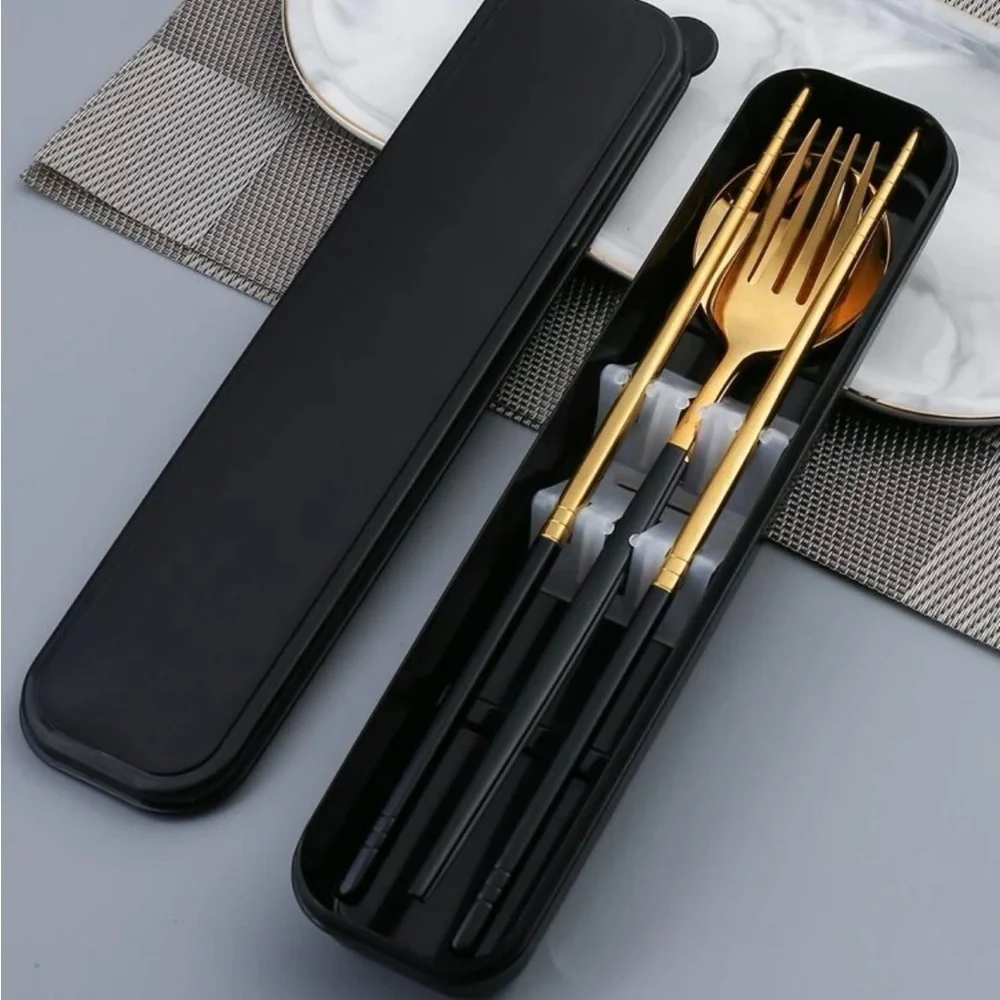 NEW TRAVEL UTENSILS BLACK/GOLD FORK, SPOON. CHOPSTICKS